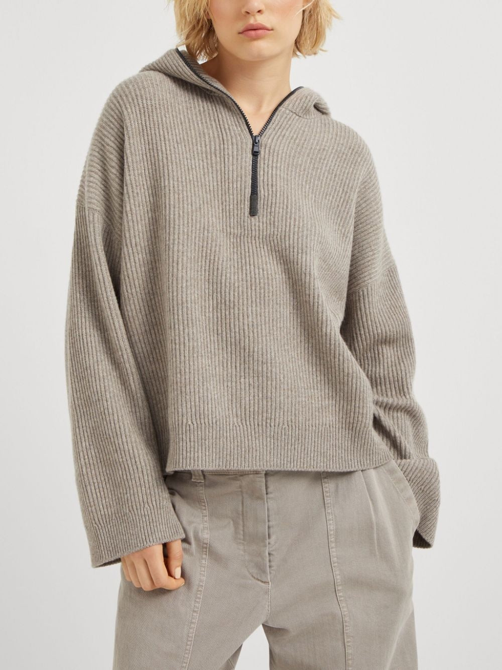 Brunello Cucinelli Women's Hooded Ribbed Knit Cashmere Sweater