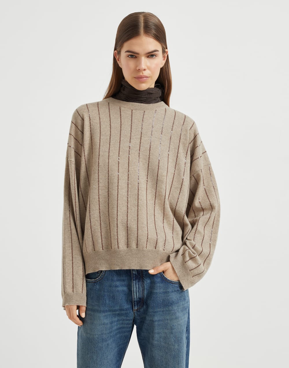Brunello Cucinelli Women's Cashmere Sweater with Dazzling Chalk Stripe Embroidery