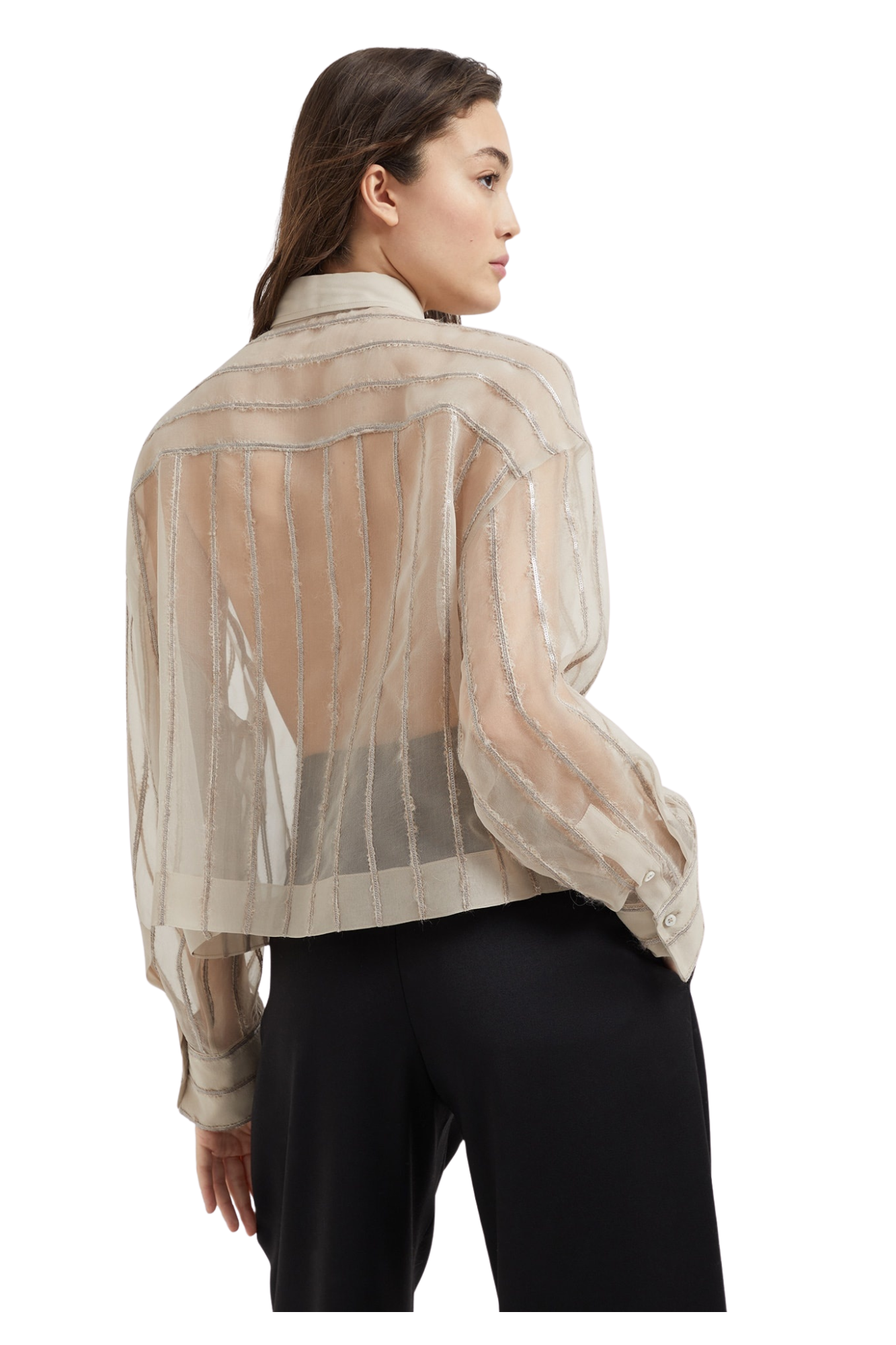 Brunello Cucinelli Women's Crispy Silk Shirt with Dazzling Alpaca Stripes