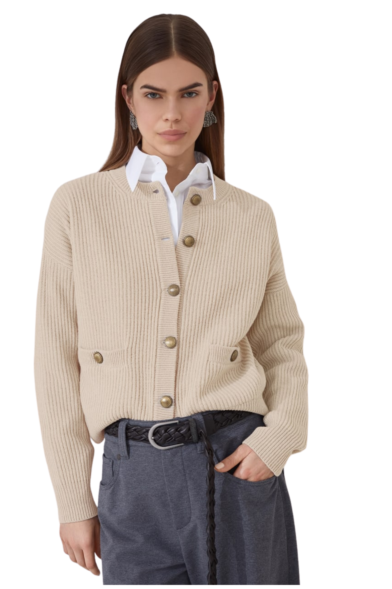 Brunello Cucinelli Women's Virgin Wool, Cashmere and Silk English Rib Cardigan with Metal Buttons