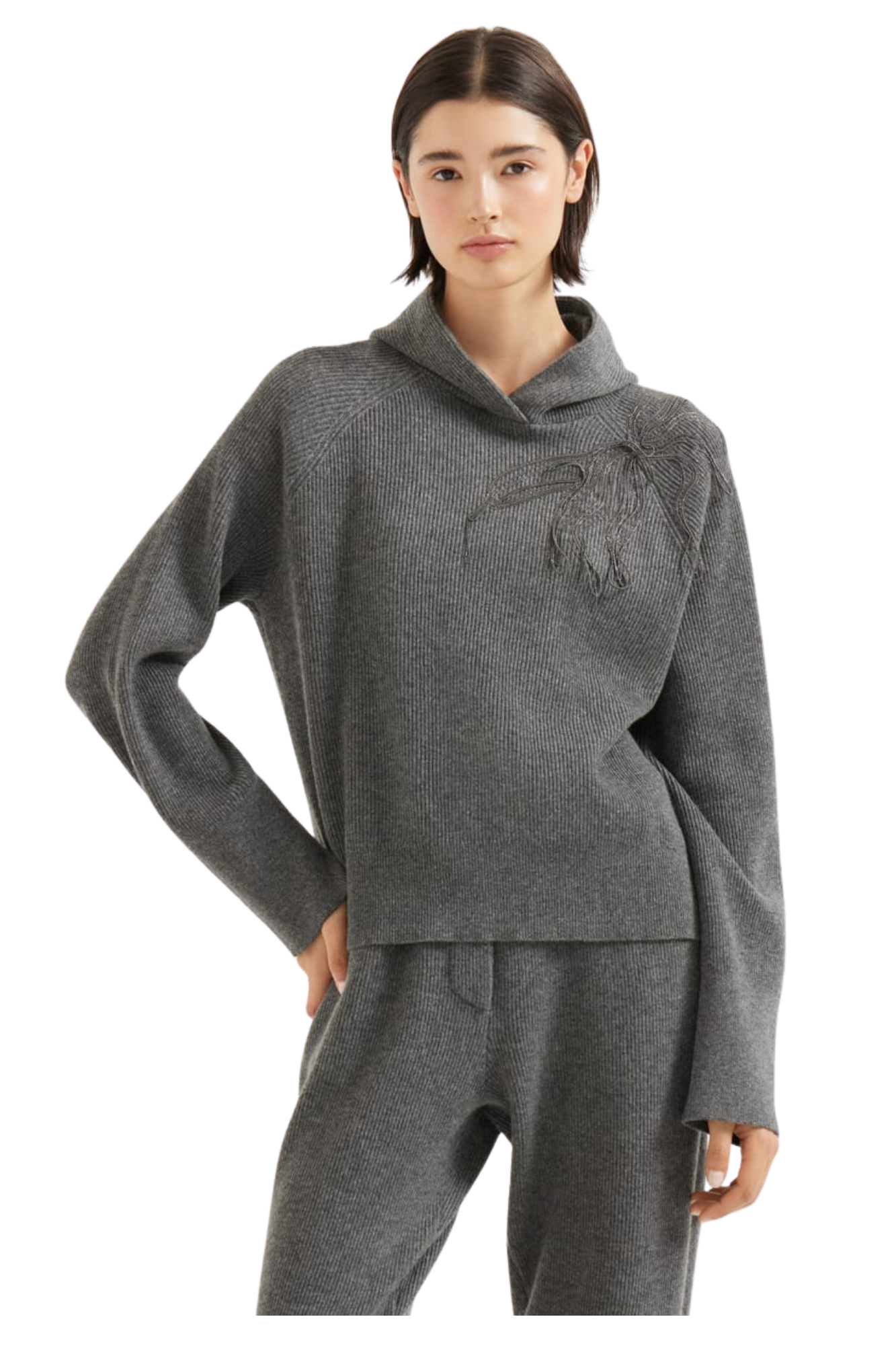 Brunello Cucinelli Women's Cashmere English Rib Hooded Sweater with Shiny Flower Embroidery