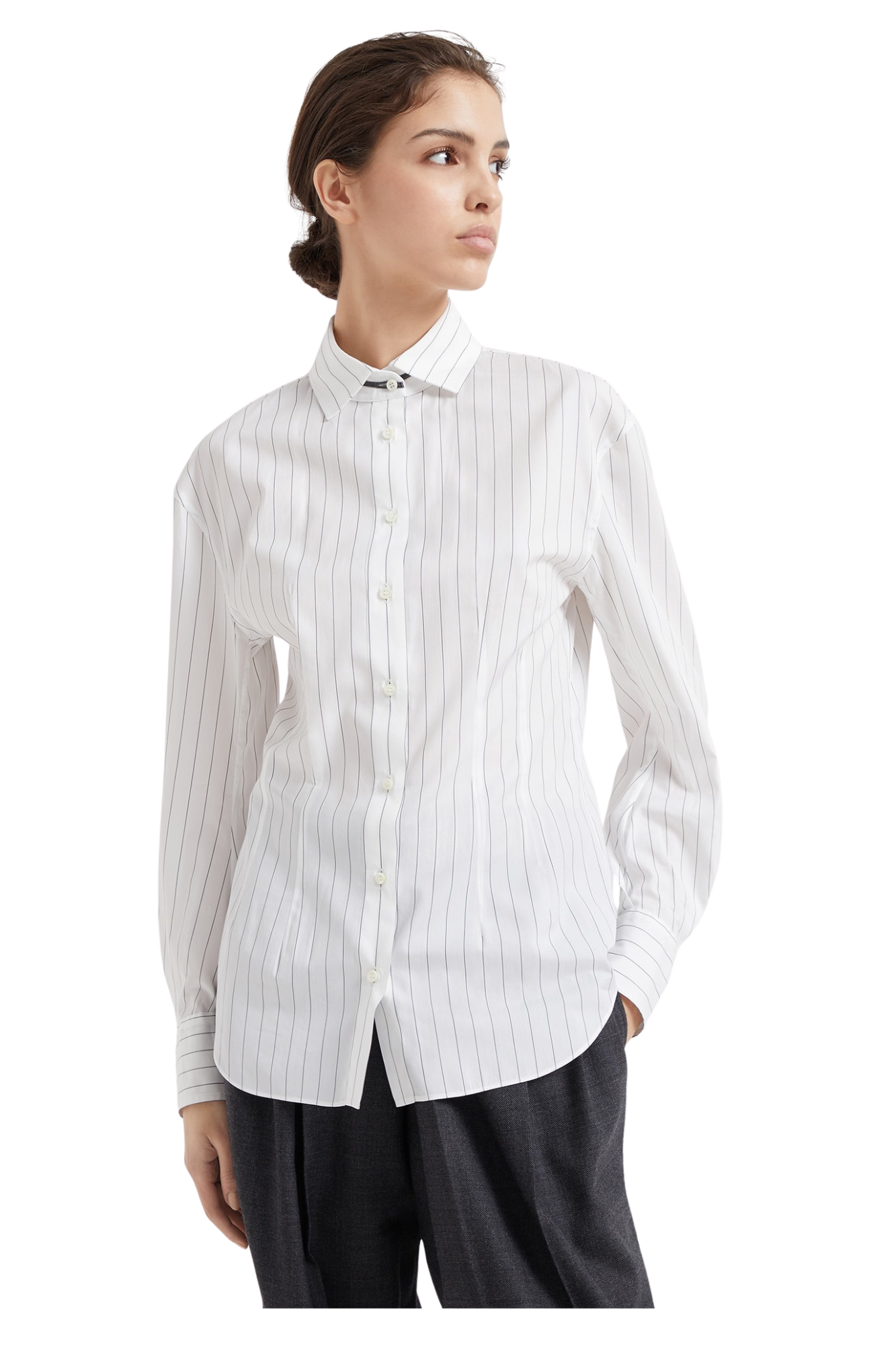 Brunello Cucinelli Women's Striped Cotton and Silk Poplin Shirt with Monili