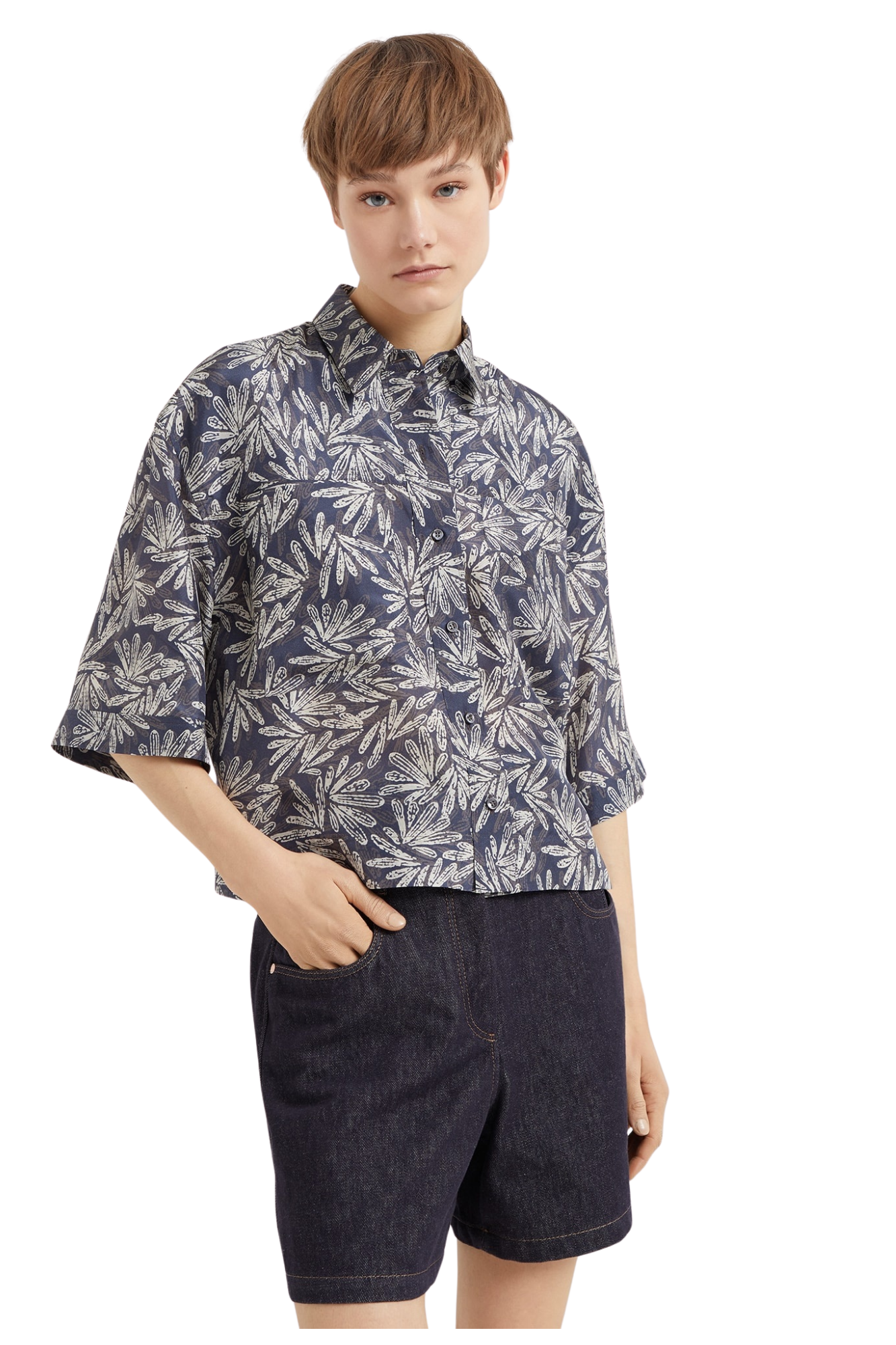 Brunello Cucinelli Women's Silk Fern Print Pongee Shirt with Monili