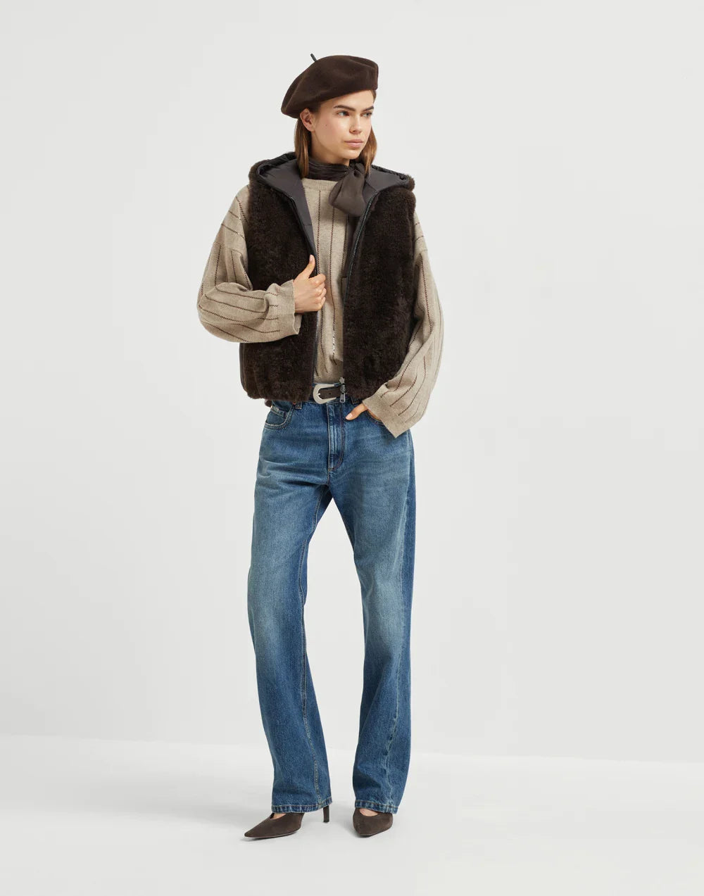 Brunello Cucinelli Women's Cashmere Sweater with Dazzling Chalk Stripe Embroidery