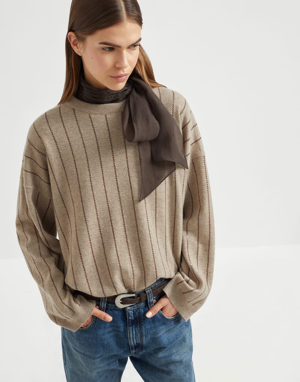 Brunello Cucinelli Women's Cashmere Sweater with Dazzling Chalk Stripe Embroidery