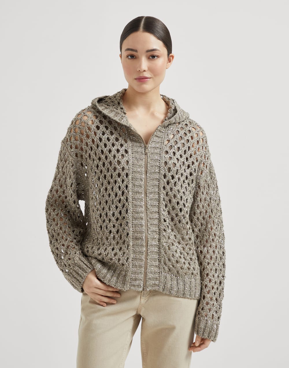 Brunello Cucinelli Women's Silk and Linen Dazzling Net Hooded Cardigan