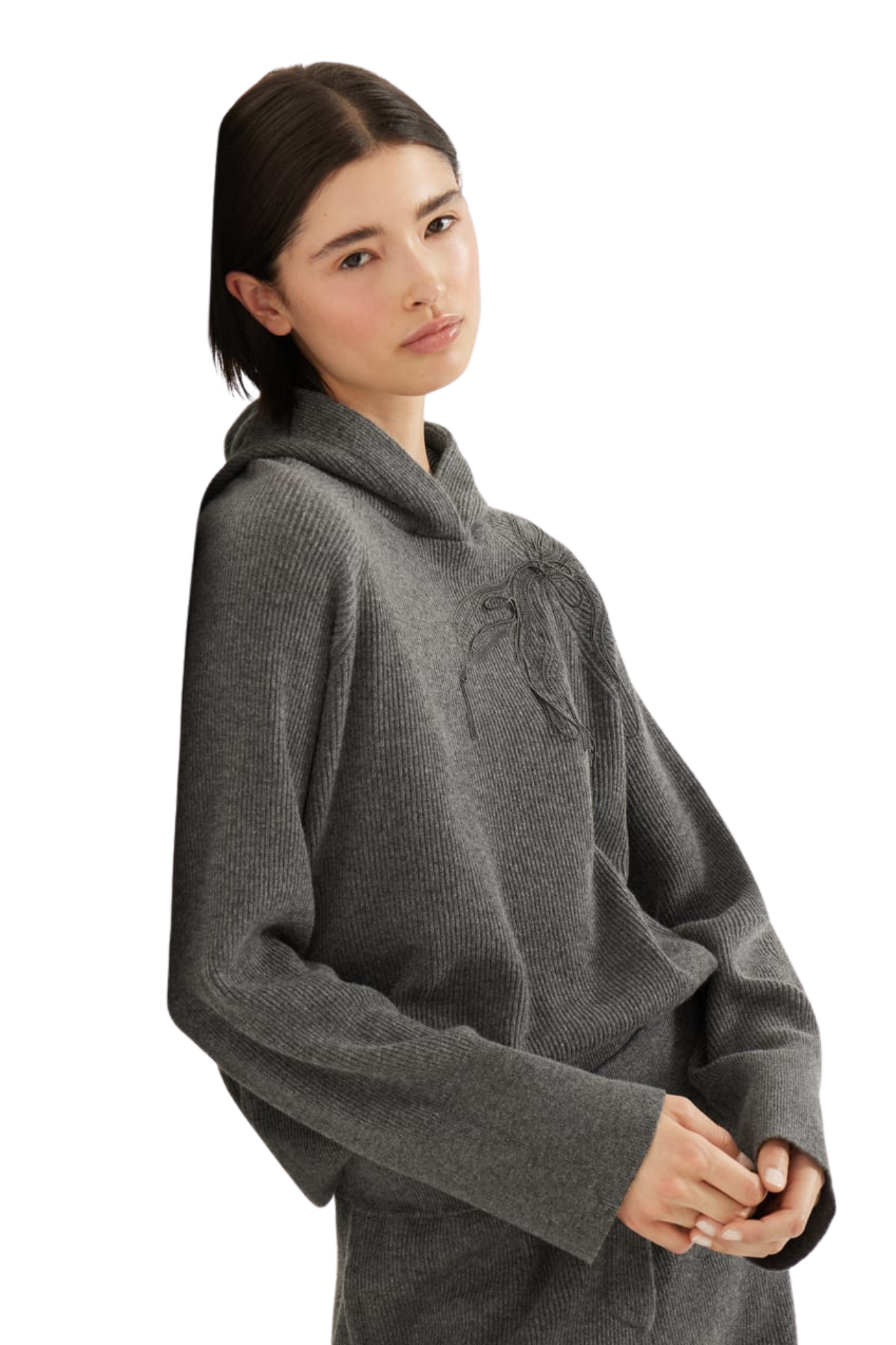 BRUNELLO CUCINELLI Pull à capuche en cachemire côtelé anglais pour femme avec broderie de fleurs brillantes