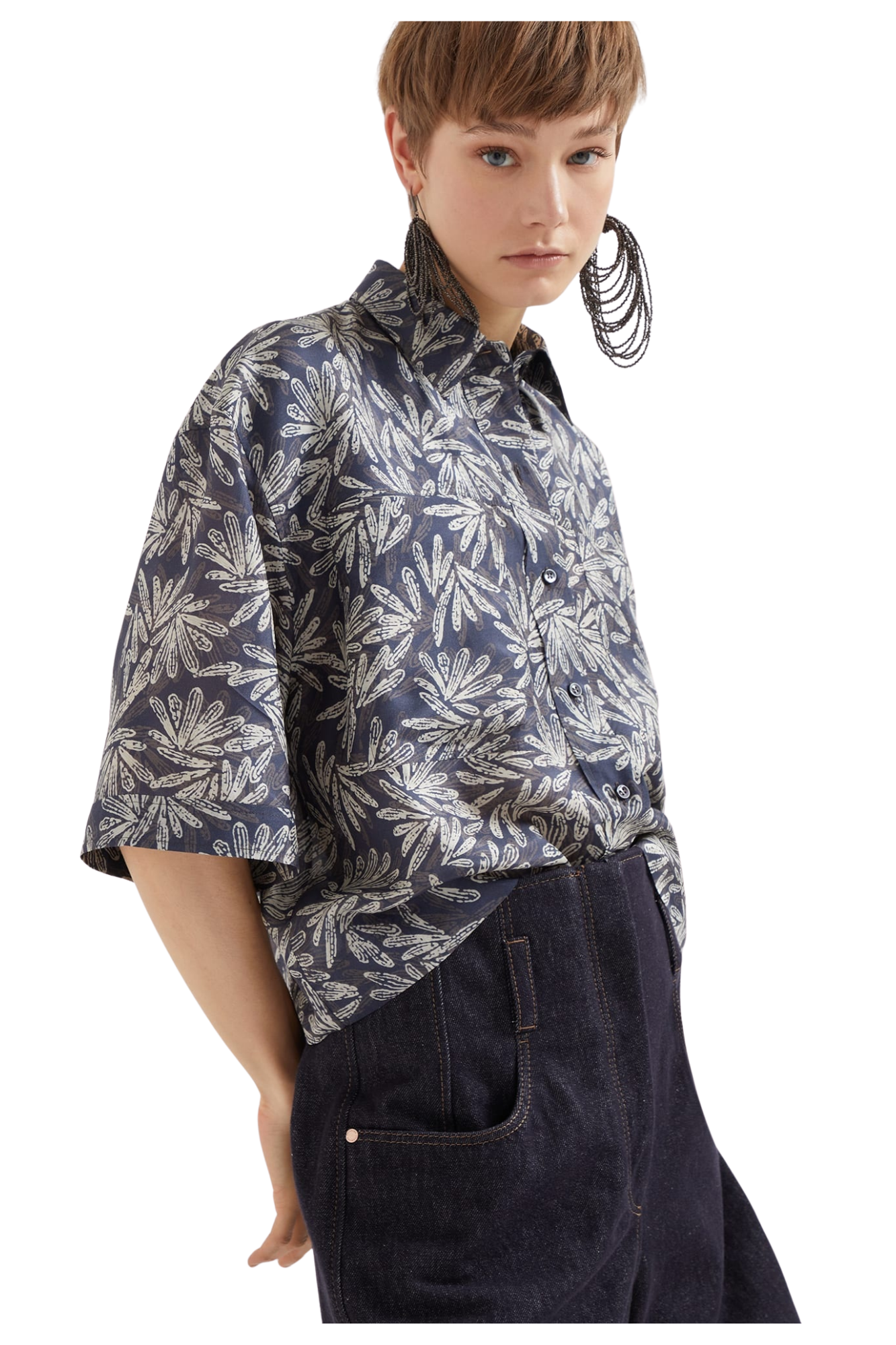 BRUNELLO CUCINELLI Chemise pongée en soie imprimé fougère pour femme avec monile