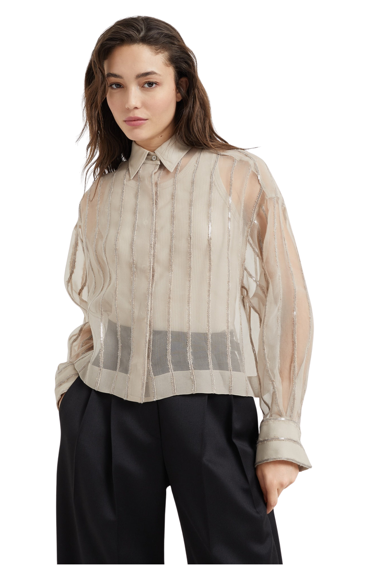 Brunello Cucinelli Women's Crispy Silk Shirt with Dazzling Alpaca Stripes